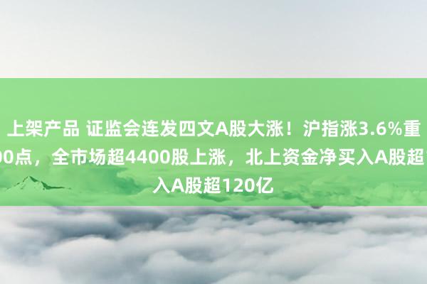 上架产品 证监会连发四文A股大涨！沪指涨3.6%重回2800点，全市场超4400股上涨，北上资金净买入A股超120亿